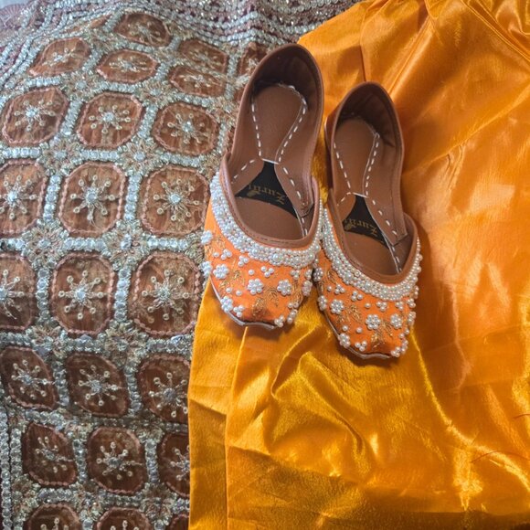 Orange & Gold Embroidered Lehenga FREE Matching Khussa Shoes - Picture 3 of 11